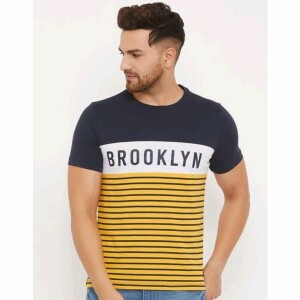 Austin Wood T-shirt For Men Yellow Striped Half Sleeve Round Neck Tshirt